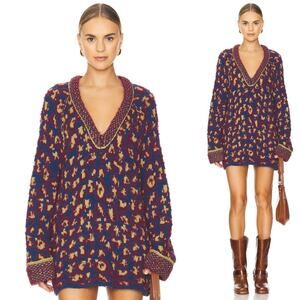 Free People Leopard Little Animal Pullover Crew Neck Sweater Blue Fig Combo XS